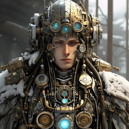 Mecha Jesus as a male character with steampunk influences, an ice and snow theme, and handsome facial features. Inspired by the aesthetic of Final Fantasy