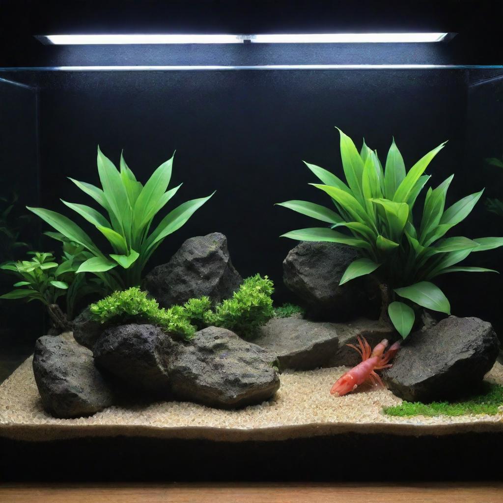 Ultra HD, highly detailed image of a simple and elegant iwagumi style aquascape: featuring just one rock, a carpet plant, a lamp, small fish, and shrimp.