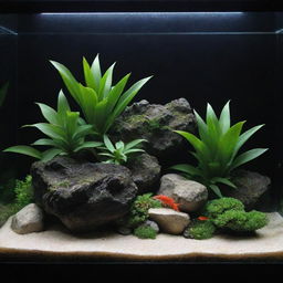 Ultra HD, highly detailed image of a simple and elegant iwagumi style aquascape: featuring just one rock, a carpet plant, a lamp, small fish, and shrimp.