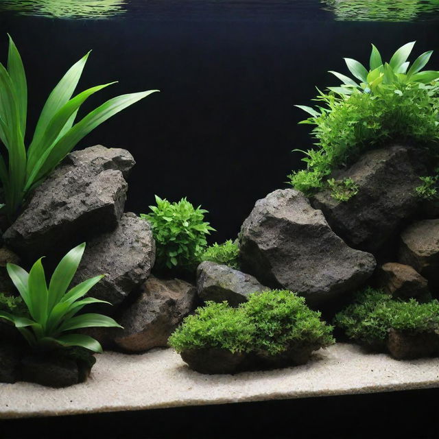 Ultra HD, highly detailed image of a simple and elegant iwagumi style aquascape: featuring just one rock, a carpet plant, a lamp, small fish, and shrimp.