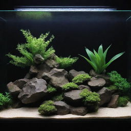 Ultra HD, highly detailed image of a simple and elegant iwagumi style aquascape: featuring just one rock, a carpet plant, a lamp, small fish, and shrimp.