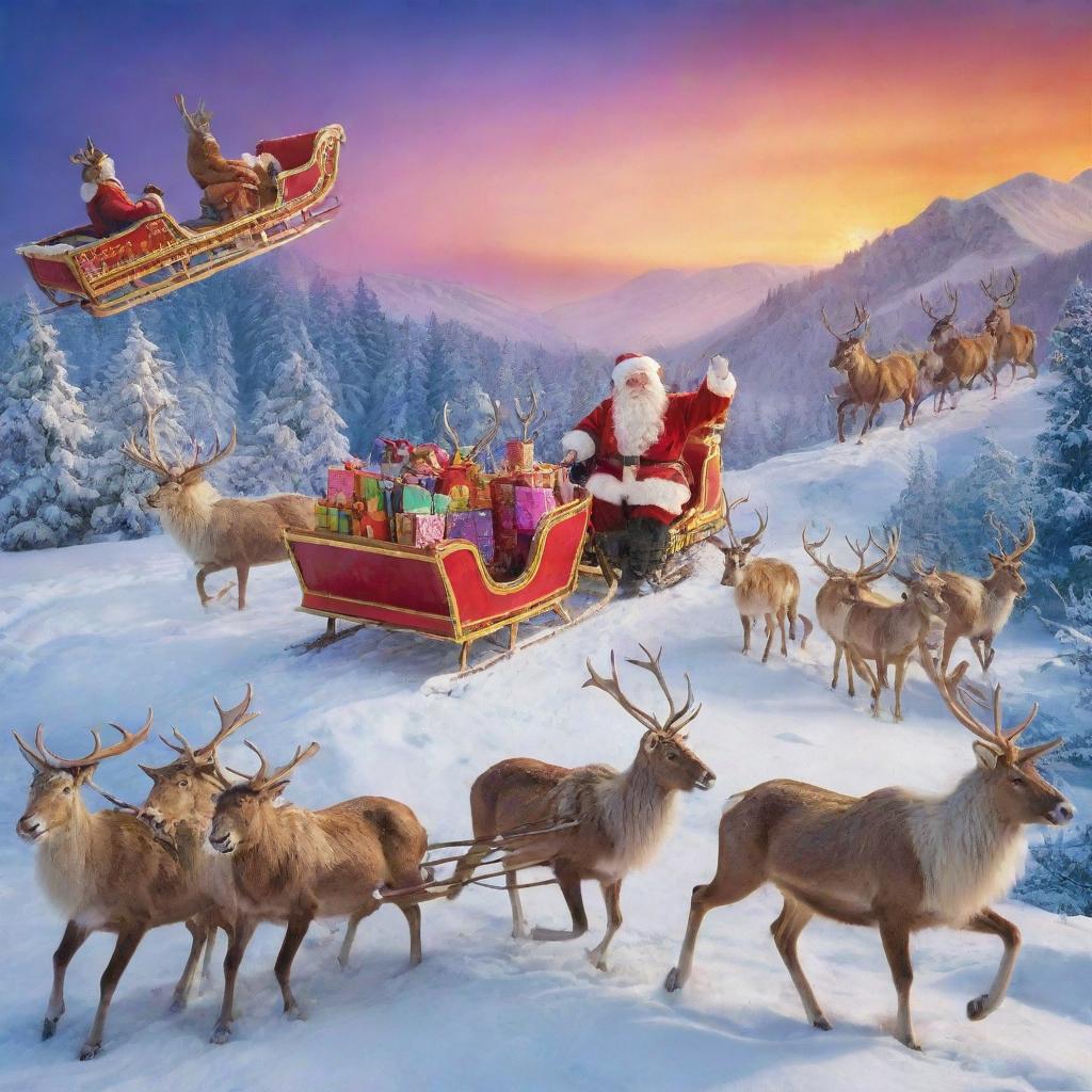 Santa Claus in a vibrant, jolly scene, with a snow-covered backdrop, a sleigh filled with brightly coloured presents, and a team of reindeer ready to take flight.