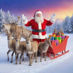 Santa Claus in a vibrant, jolly scene, with a snow-covered backdrop, a sleigh filled with brightly coloured presents, and a team of reindeer ready to take flight.