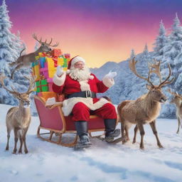 Santa Claus in a vibrant, jolly scene, with a snow-covered backdrop, a sleigh filled with brightly coloured presents, and a team of reindeer ready to take flight.