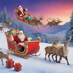 Santa Claus in a vibrant, jolly scene, with a snow-covered backdrop, a sleigh filled with brightly coloured presents, and a team of reindeer ready to take flight.