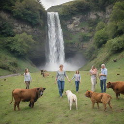 A joyful family with their faithful dog, surrounded by placid grazing cows, in a scenic lush den veiled by a majestic waterfall