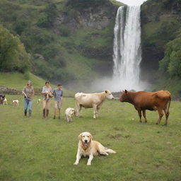 A joyful family with their faithful dog, surrounded by placid grazing cows, in a scenic lush den veiled by a majestic waterfall