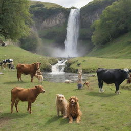 A joyful family with their faithful dog, surrounded by placid grazing cows, in a scenic lush den veiled by a majestic waterfall