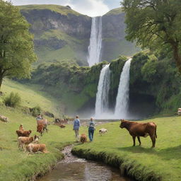 A joyful family with their faithful dog, surrounded by placid grazing cows, in a scenic lush den veiled by a majestic waterfall