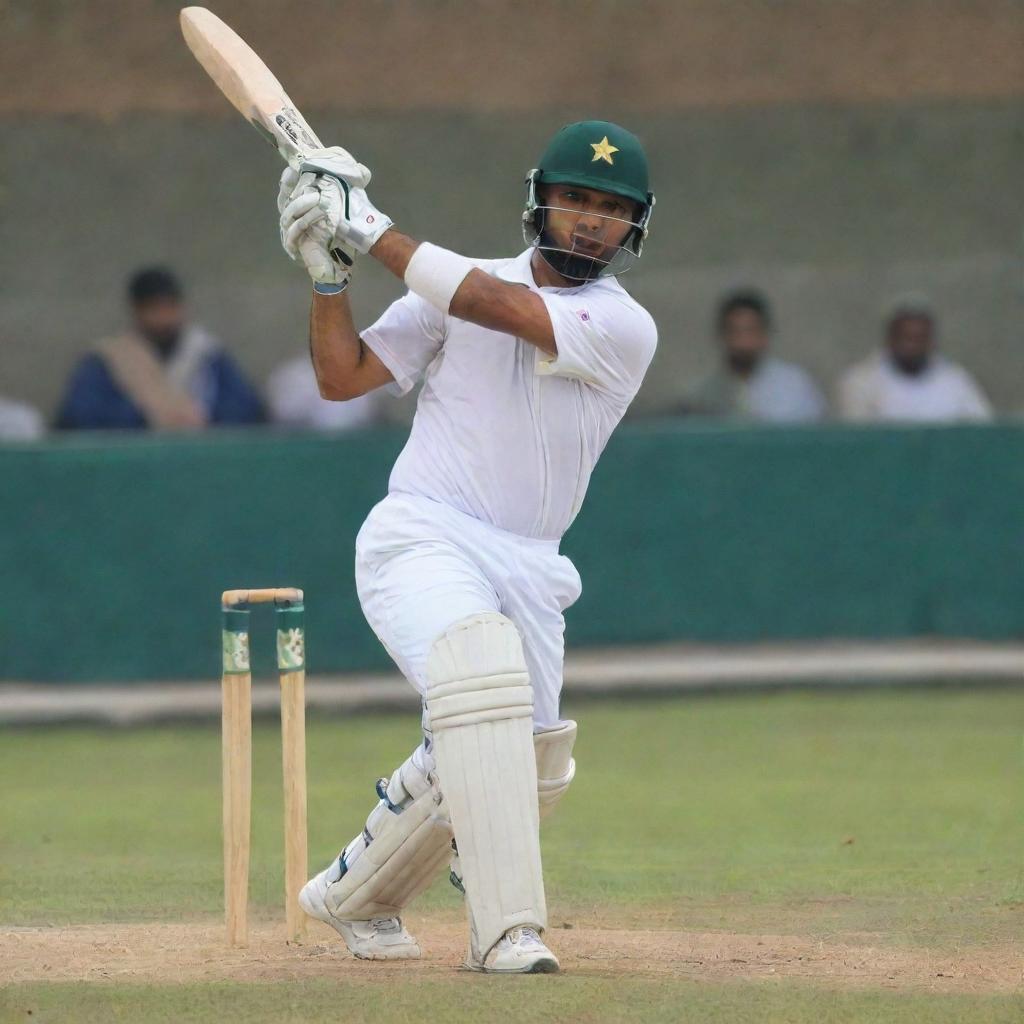 A skilled Pakistani cricket batsman in action, wearing traditional cricket uniform. Momentarily shocked as his bat has just been taken away.