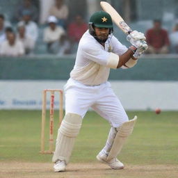 A skilled Pakistani cricket batsman in action, wearing traditional cricket uniform. Momentarily shocked as his bat has just been taken away.