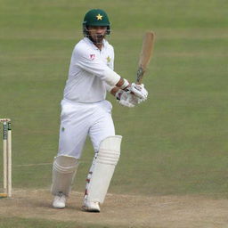 A skilled Pakistani cricket batsman in action, wearing traditional cricket uniform. Momentarily shocked as his bat has just been taken away.