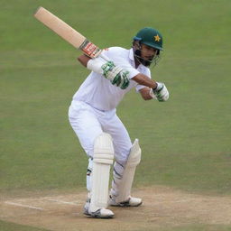 A skilled Pakistani cricket batsman in action, wearing traditional cricket uniform. Momentarily shocked as his bat has just been taken away.