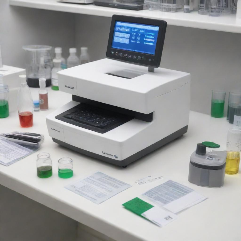 Render a highly detailed illustration of a spectrophotometer in a laboratory setting, alongside various pieces of biochemical laboratory equipment. Include visual indicators of its key components and how it may be used to measure biomolecule activity in an organism.