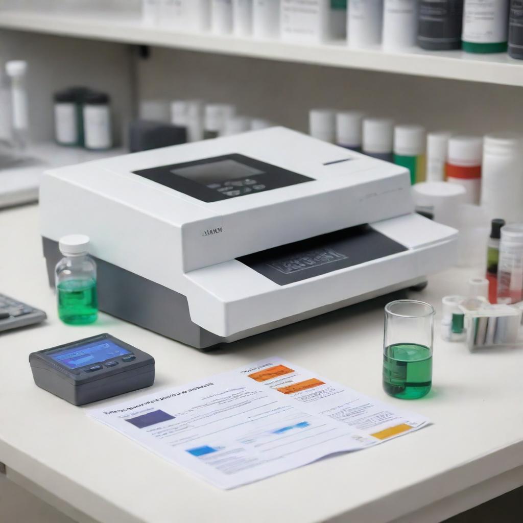 Render a highly detailed illustration of a spectrophotometer in a laboratory setting, alongside various pieces of biochemical laboratory equipment. Include visual indicators of its key components and how it may be used to measure biomolecule activity in an organism.