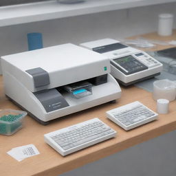 Render a highly detailed illustration of a spectrophotometer in a laboratory setting, alongside various pieces of biochemical laboratory equipment. Include visual indicators of its key components and how it may be used to measure biomolecule activity in an organism.