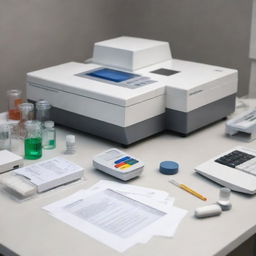 Render a highly detailed illustration of a spectrophotometer in a laboratory setting, alongside various pieces of biochemical laboratory equipment. Include visual indicators of its key components and how it may be used to measure biomolecule activity in an organism.