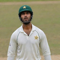 A Pakistani cricket batsman in traditional gear, looking upset and bewildered as his bat has just been snatched away mid-play.