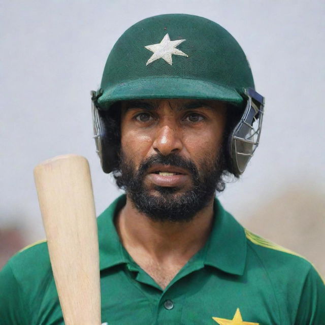 A Pakistani cricket batsman in traditional gear, looking upset and bewildered as his bat has just been snatched away mid-play.