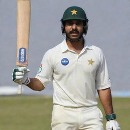 A Pakistani cricket batsman in traditional gear, looking upset and bewildered as his bat has just been snatched away mid-play.