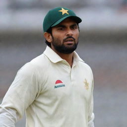 A Pakistani cricket batsman in traditional gear, looking upset and bewildered as his bat has just been snatched away mid-play.