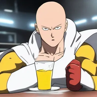 In the anime series 'One Punch Man', the protagonist Saitama drinks a stimulant to boost his already incredible strength and speed.