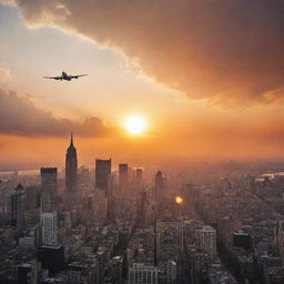 A vibrant cityscape under a sunset, with orange rays cascading across the skyline. A plane soars high above in the sky, silhouetted against the sinking sun.