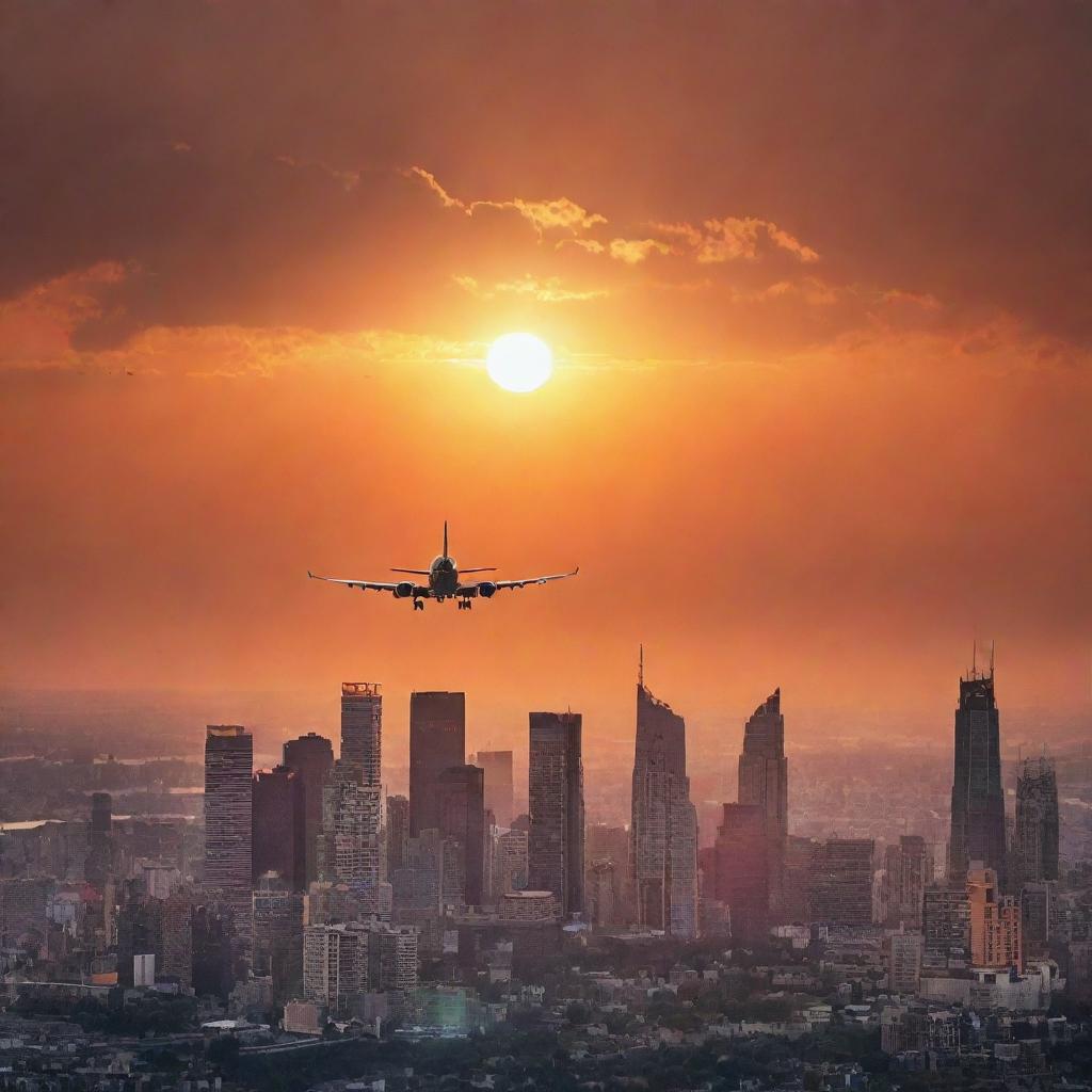 A vibrant cityscape under a sunset, with orange rays cascading across the skyline. A plane soars high above in the sky, silhouetted against the sinking sun.