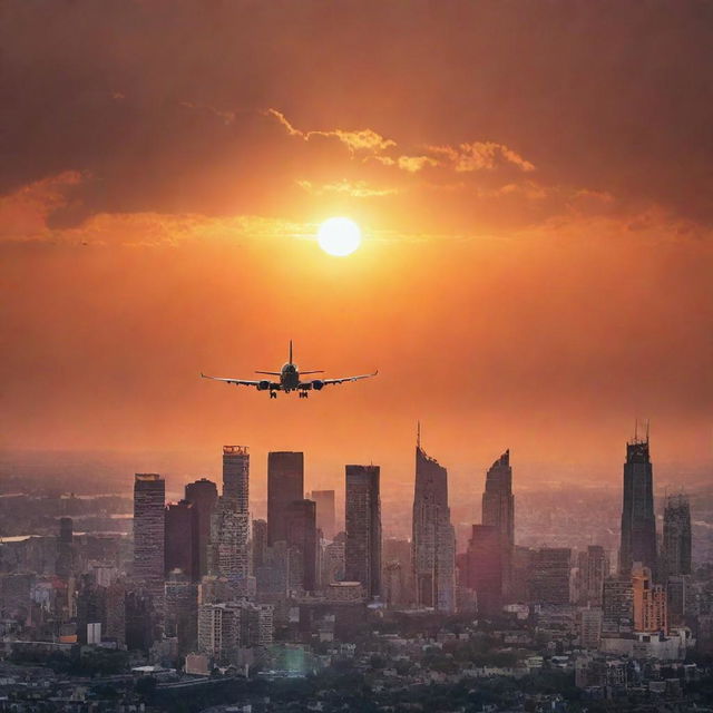 A vibrant cityscape under a sunset, with orange rays cascading across the skyline. A plane soars high above in the sky, silhouetted against the sinking sun.