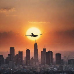 A vibrant cityscape under a sunset, with orange rays cascading across the skyline. A plane soars high above in the sky, silhouetted against the sinking sun.