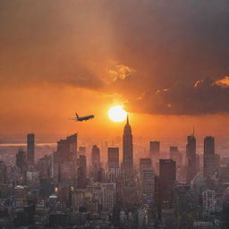 A vibrant cityscape under a sunset, with orange rays cascading across the skyline. A plane soars high above in the sky, silhouetted against the sinking sun.