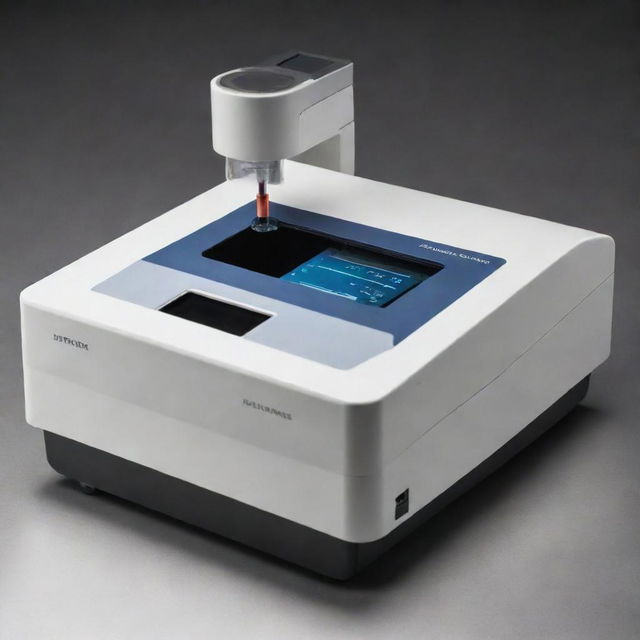 Generate a detailed image of a spectrophotometer, emphasizing its key components and functionality in a clinical laboratory setting. Show the device constructed from metal and glass, with a digital display.