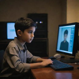 A young boy named Ahsan sitting in front of a sleek computer system, engrossed in his work. The room is softly lit, exuding a warm yet focused environment.