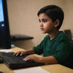 A young boy named Ahsan sitting in front of a sleek computer system, engrossed in his work. The room is softly lit, exuding a warm yet focused environment.