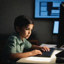 A young boy named Ahsan sitting in front of a sleek computer system, engrossed in his work. The room is softly lit, exuding a warm yet focused environment.