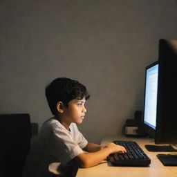 A young boy named Ahsan sitting in front of a sleek computer system, engrossed in his work. The room is softly lit, exuding a warm yet focused environment.