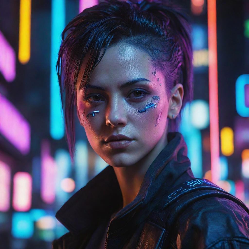 A high-definition character portrait from a cyberpunk game, outlined dramatically by a backdrop of brilliant neon lights.