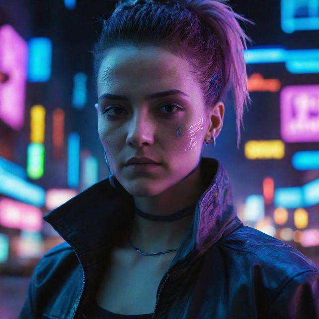 A high-definition character portrait from a cyberpunk game, outlined dramatically by a backdrop of brilliant neon lights.