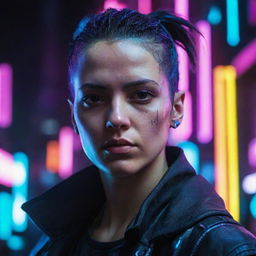 A high-definition character portrait from a cyberpunk game, outlined dramatically by a backdrop of brilliant neon lights.