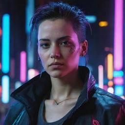 A high-definition character portrait from a cyberpunk game, outlined dramatically by a backdrop of brilliant neon lights.