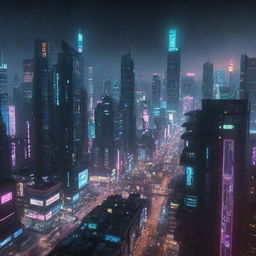 An ultra-high-resolution image of a cyberpunk game city panorama, filled with stark skyscrapers, glowing neon lights and futuristic elements.