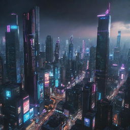 An ultra-high-resolution image of a cyberpunk game city panorama, filled with stark skyscrapers, glowing neon lights and futuristic elements.