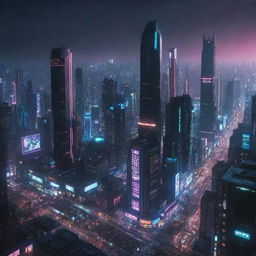 An ultra-high-resolution image of a cyberpunk game city panorama, filled with stark skyscrapers, glowing neon lights and futuristic elements.