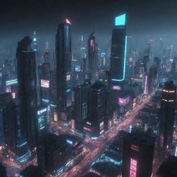 An ultra-high-resolution image of a cyberpunk game city panorama, filled with stark skyscrapers, glowing neon lights and futuristic elements.