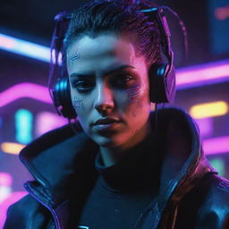 Detailed portrait of a cyberpunk-themed game character enriched with neon lights in a high-definition, highly graphic style