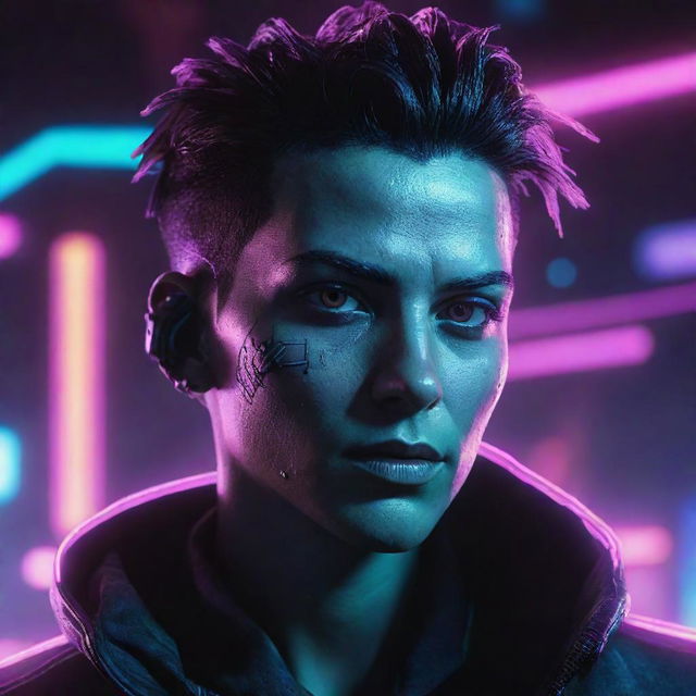 Detailed portrait of a cyberpunk-themed game character enriched with neon lights in a high-definition, highly graphic style