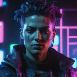 Detailed portrait of a cyberpunk-themed game character enriched with neon lights in a high-definition, highly graphic style