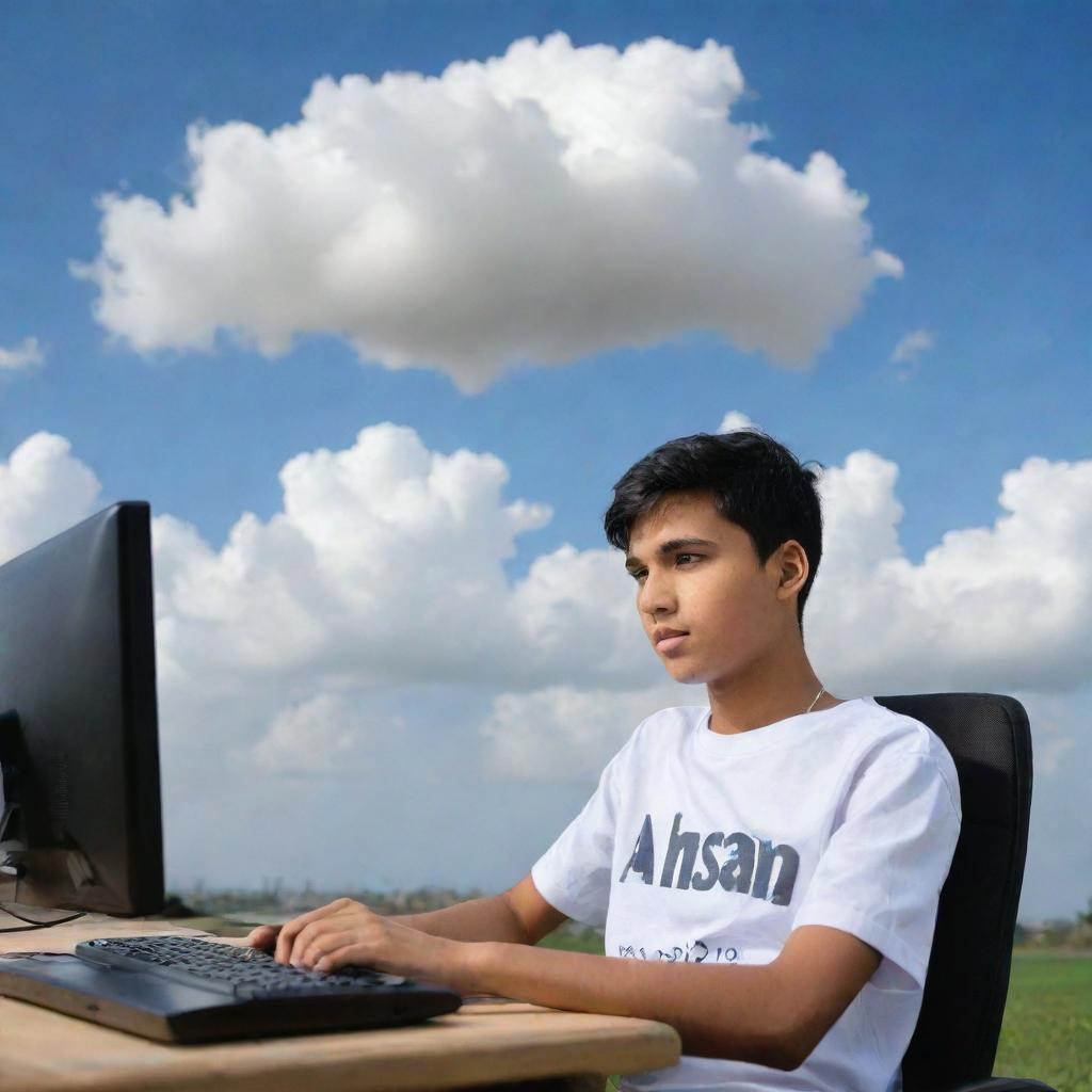 A teenage boy, wearing a shirt with 'Ahsan' printed across it, sits high in the sky, diligently working on a modern computer, amidst drifting fluffy clouds