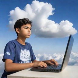 A teenage boy, wearing a shirt with 'Ahsan' printed across it, sits high in the sky, diligently working on a modern computer, amidst drifting fluffy clouds