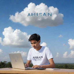 A teenage boy, wearing a shirt with 'Ahsan' printed across it, sits high in the sky, diligently working on a modern computer, amidst drifting fluffy clouds